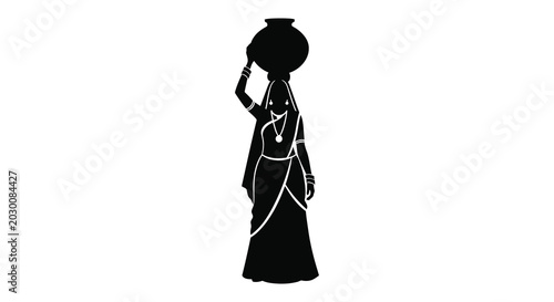 Canvas Print woman carrying water pot on head traditional clothing black and white silhouette