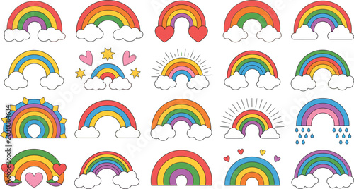 Seamless rainbow pattern with colorful circles, sky clouds sun and rain elements, summer weather vector illustration design wallpaper decoration pattern with bright nature colors