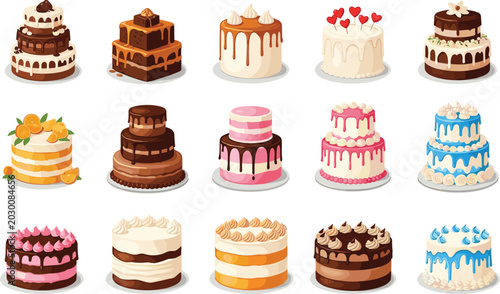 Fotografía Colorful assorted birthday cake vector set with frosting, chocolate, cream, frui