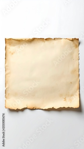 Aged, parchment-like paper with burnt, uneven edges on a white background