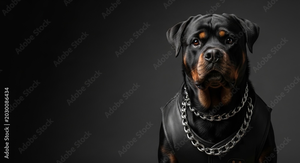 Fototapeta premium Rottweiler dog with leather vest and chain collar against dark background. Rottweiler presents strong demeanor and confident posture, showcasing breed characteristics and attitude.