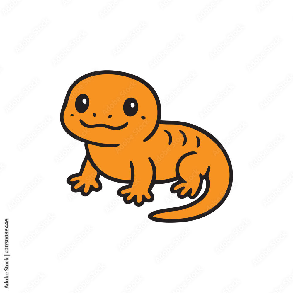 Obraz premium Cute Cartoon Salamander: An adorable orange salamander with big eyes and a friendly smile, depicted in a simple, charming cartoon style. Its body shows a few subtle stripes.