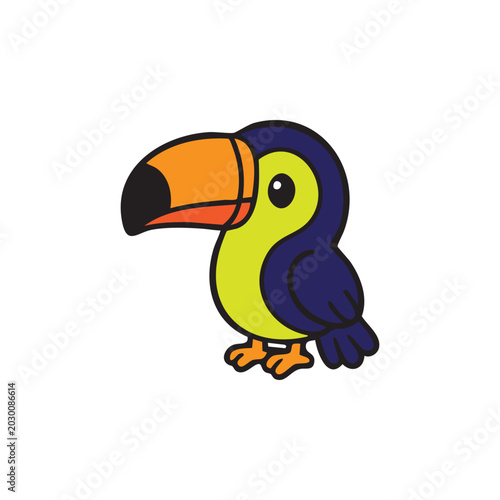 Cartoon Toucan Perched: A charming cartoon toucan with a vibrant orange beak and distinctive colorful plumage stands alert, showcasing a playful and friendly avian character.