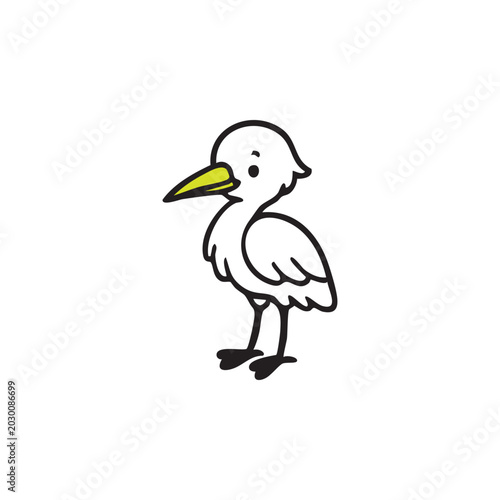 Cute Cartoon Bird Illustration: A charming hand-drawn illustration of a small, white bird with a bright yellow beak and a curious expression. This delightful graphic is perfect for children's books.
