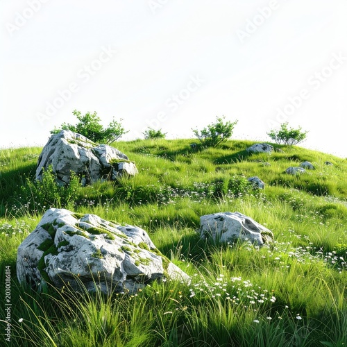 Sunlit rolling hills with boulders, green grass, wildflowers, and small shrubs