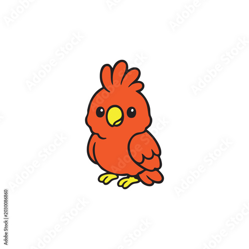 Cute Cartoon Bird: An adorable, bright orange cartoon bird with a yellow beak and tufted head stands with its wings slightly open, looking forward with wide, expressive eyes.