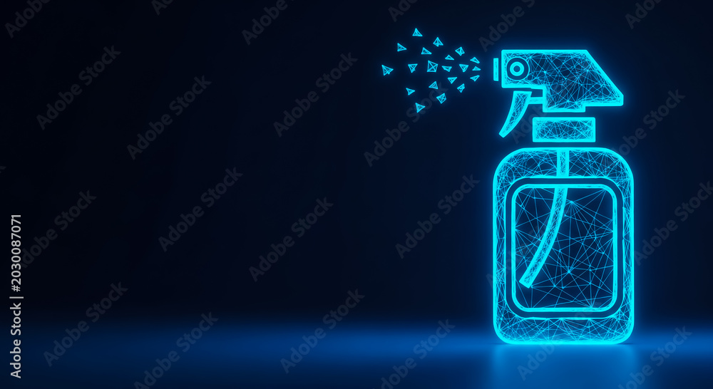 Fototapeta premium A glowing neon blue spray bottle with mist particles on a dark background, showcasing a modern, futuristic design.