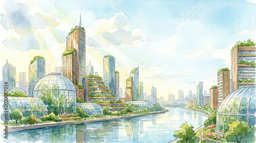 Watercolor landscape of an eco friendly city skyline integrating giant glass greenhouses, bright and airy High definition Area for copy space