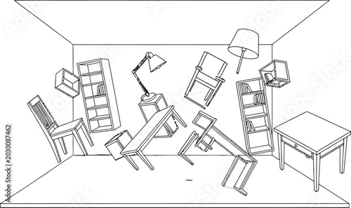 Bild auf Leinwand Disorganized furniture and household items in a cluttered room messy home interi