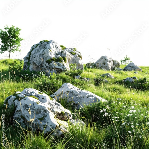 A sunlit, grassy hillside adorned with moss-covered boulders and wildflowers