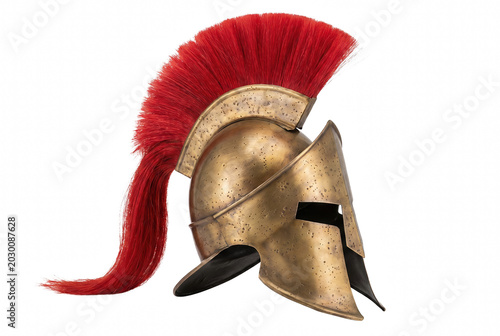 Foto Ancient Spartan Corinthian Bronze Helmet with Red Crest