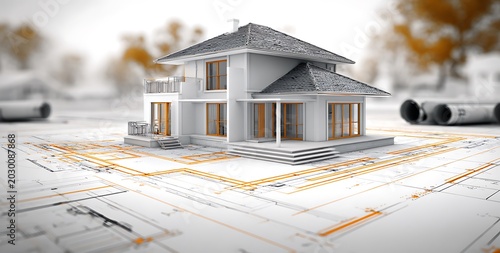 A 3D rendering of a modern house blueprint, showcasing architectural design and planning process. The detailed plans show the layout and structure of the building.