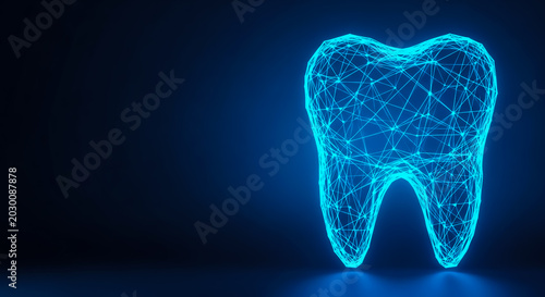A glowing 3D wireframe model of a tooth in cyan against a dark blue background, representing dental or technology themes.