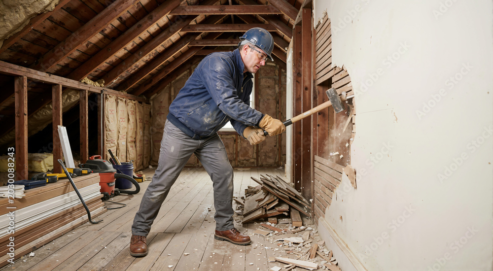 Fototapeta premium Construction worker demolishing lath and plaster wall with sledgehammer. Male builder in hard hat breaking attic wall during home renovation