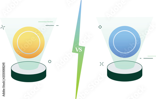 Crypto coin comparison banner. Two token podiums, VS lightning divider. Geometric layout for blockchain digital currency analysis, fintech trading, market debate and cryptocurrency presentation design