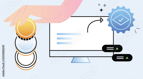 Fintech investment hand placing coin, desktop monitor, verification badge. Security interface for digital payment, online banking, crypto transaction, savings app. Secure financial technology website