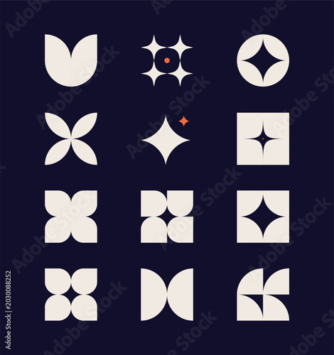 Minimal abstract geometric logo shape set. Cream leaf star, curve symbols. Y2K branding app icons AI tech identity and modern decorative design elements vector collection pack. Artificial intelligence