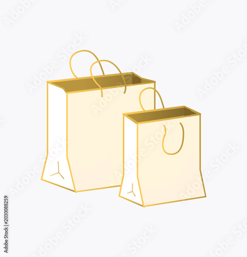 Minimal golden shopping bag. Two paper bags, luxury retail packaging. Ecommerce app, online shopping, fashion sale, premium product purchase, store branding and commercial. Gold design visuals icons