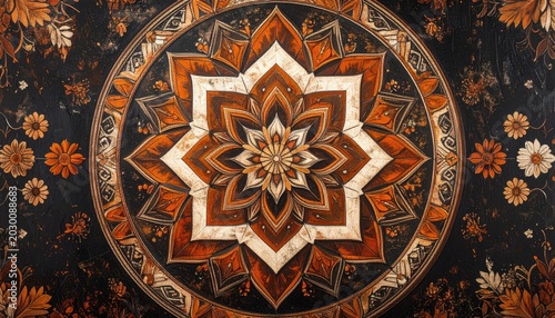 Intricate starburst mosaic with floral accents, rich earth tones, dark background