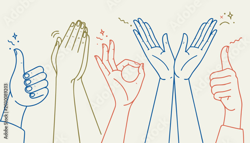 Tableau sur toile Diverse hands celebrating with applause and thumbs up during a bright abstract c
