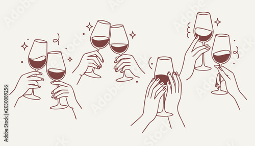 Bilde på lerret Elegant hands toasting red wine glasses in a celebratory minimalist line art sty