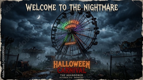 Spooky halloween carnival background with abandoned ferris wheel at midnight