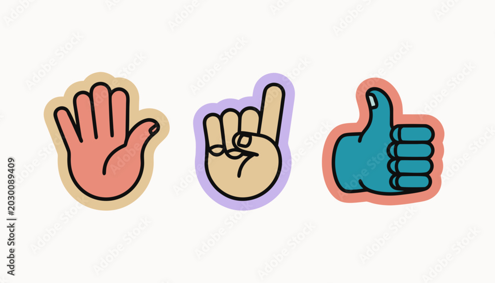 Fototapeta premium Three stylized hands showing stop one and thumbs up gestures against a light background