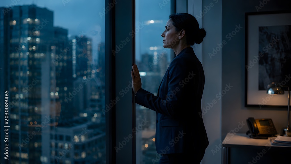 Fototapeta premium Businesswoman contemplating city skyline at dusk from office window with calm expression during twilight hour
