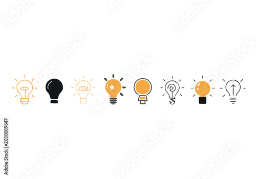 Foto Various illuminated and unlit light bulbs with different styles on white backgro