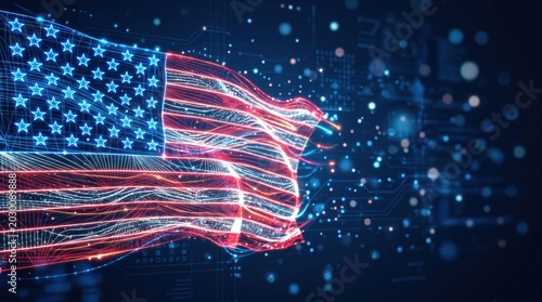Vibrant American flag formed by glowing digital tech wireframes and bright neon light trails. Excellent copy space for modern Independence Day layouts, Memorial Day banners, and patriotic backgrounds.