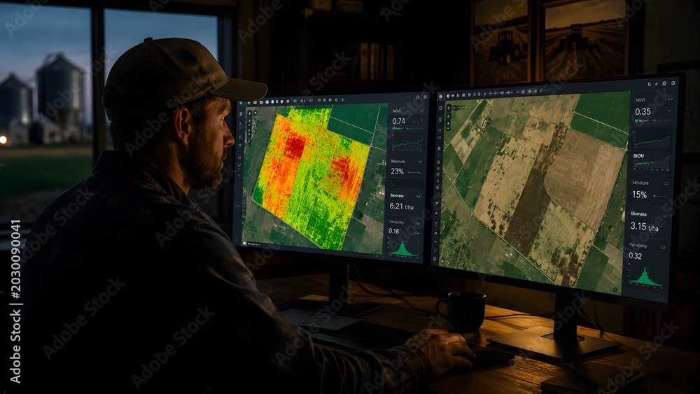 Obraz premium Farmer analyzing precision agriculture data on dual monitors with farm silos in background at dusk