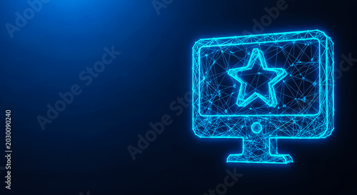 A modern, minimalistic design of a computer monitor displaying a star icon, rendered in a glowing neon blue wireframe style on a dark background.