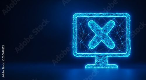 A glowing blue computer monitor with a stylized X on the screen, set against a dark backdrop. The image conveys concepts of error, disconnection, or denial in a digital context.