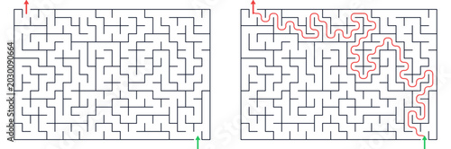 Labyrinth maze with solution paths drawn in red and green  
