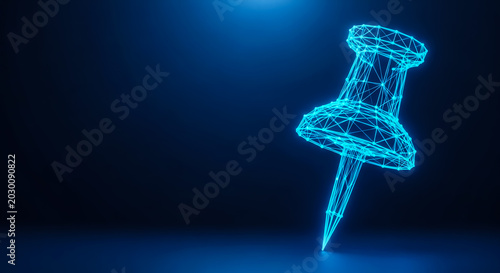 A digital 3D wireframe pushpin in vibrant blue, floating against a dark, gradient background, symbolizing digital marking or location tagging.
