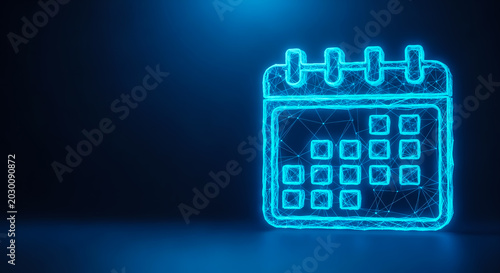 A glowing neon blue calendar icon displayed on a dark gradient background, symbolizing scheduling and organization.
