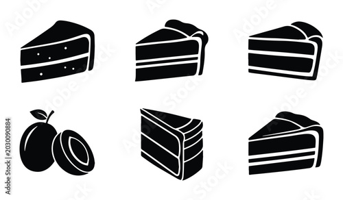 Photos Black Cake Slices and Plums Vector Icons Set, Dessert and Fruit Graphics for Cul