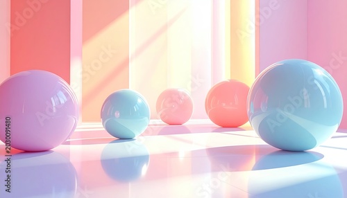 Glossy spheres in soft pastel room with geometric shadows