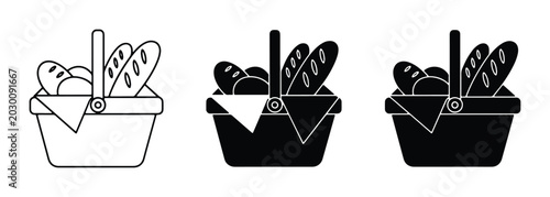 Fotografie Picnic Basket with Bread and Napkin Icons, Food Carrier Vector Art, Outdoor Meal