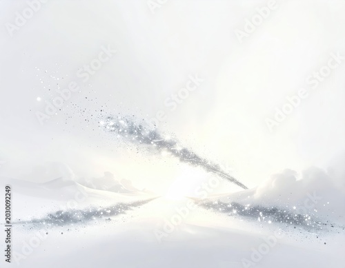 Ethereal, bright, luminous path through misty white clouds, sparkling particles trail