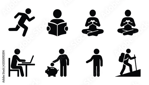 Photos Diverse Stick Figure Icons: Running, Reading, Meditation, Working, Saving, Hikin