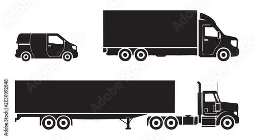 Fotografie Black silhouette collection of cargo van delivery truck and heavy freight semi trailer haulers set