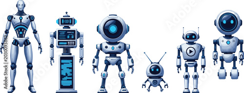 Foto Futuristic robot characters vector collection with blue metallic androids for ar