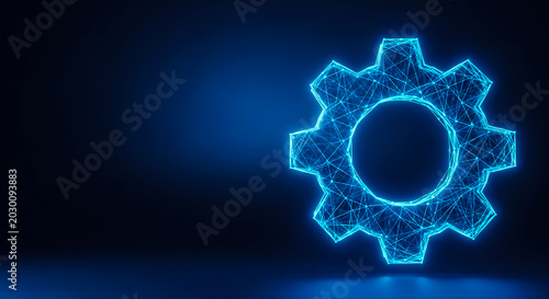 A futuristic glowing blue gear or cogwheel icon set against a dark gradient background, representing technology, automation, or innovation concepts.