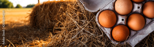 Fresh brown eggs in a carton placed next to a hay bale in a rural farm setting