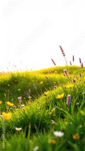 Sun-drenched meadow bursting with wildflowers, bathed in warm, golden light