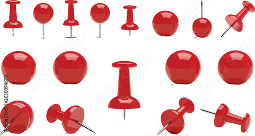 Fotografía Glossy red push pins vector collection with round thumbtacks and sharp needles f