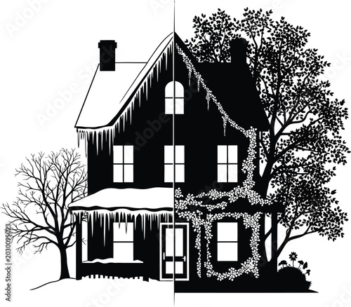 Old house covered in snow with icicles
