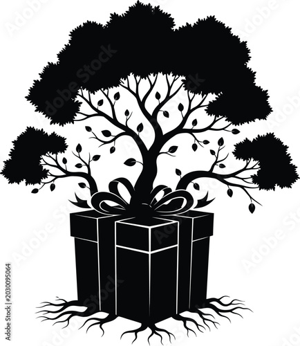 Gift box with tree growing from it