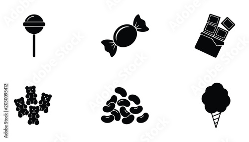 Sweet Treats Vector Icons: Lollipop, Candy, Chocolate Bar, Gummy Bears, Jelly Beans, Cotton Candy